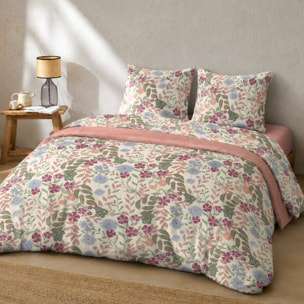 Parure housse de couette 100% coton motif floral rose - Dalhia