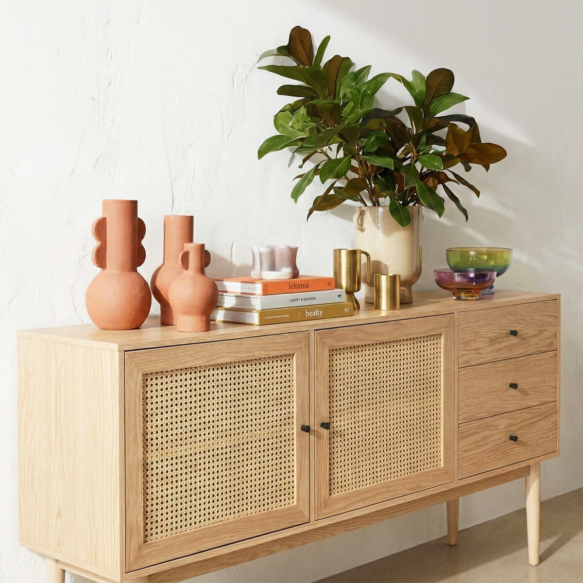 Buffet 2 portes 3 tiroirs en cannage et bois - EDEN