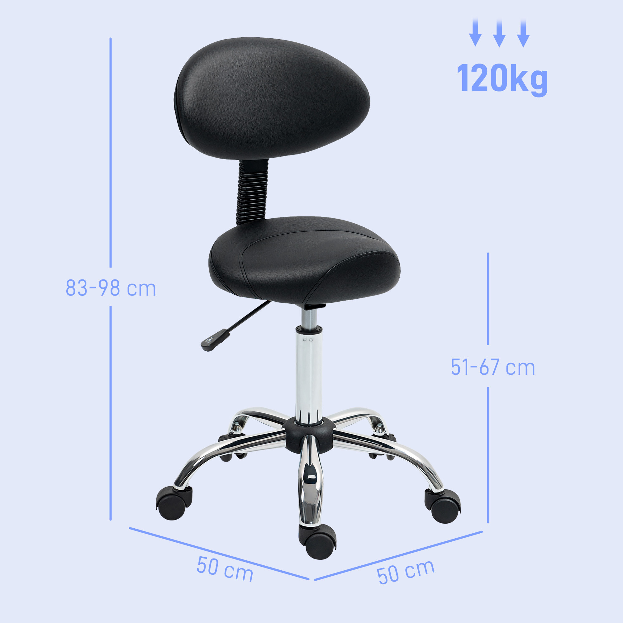 Taburete Giratorio Taburete con Ruedas y Respaldo Extraíble Taburete de Trabajo con Altura Regulable 83-98 cm Asiento Tapizado de Cuero Sintético Negro