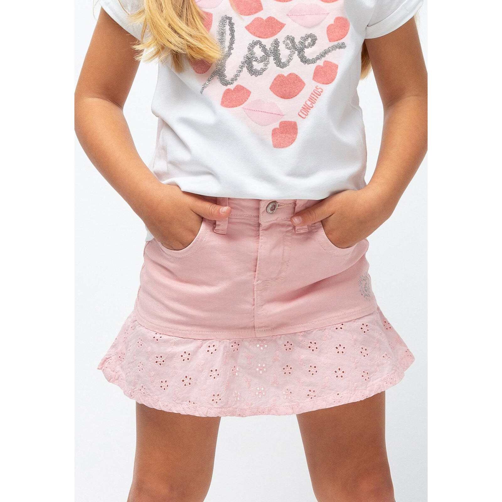 Falda acampanada con volantes rosa para niña