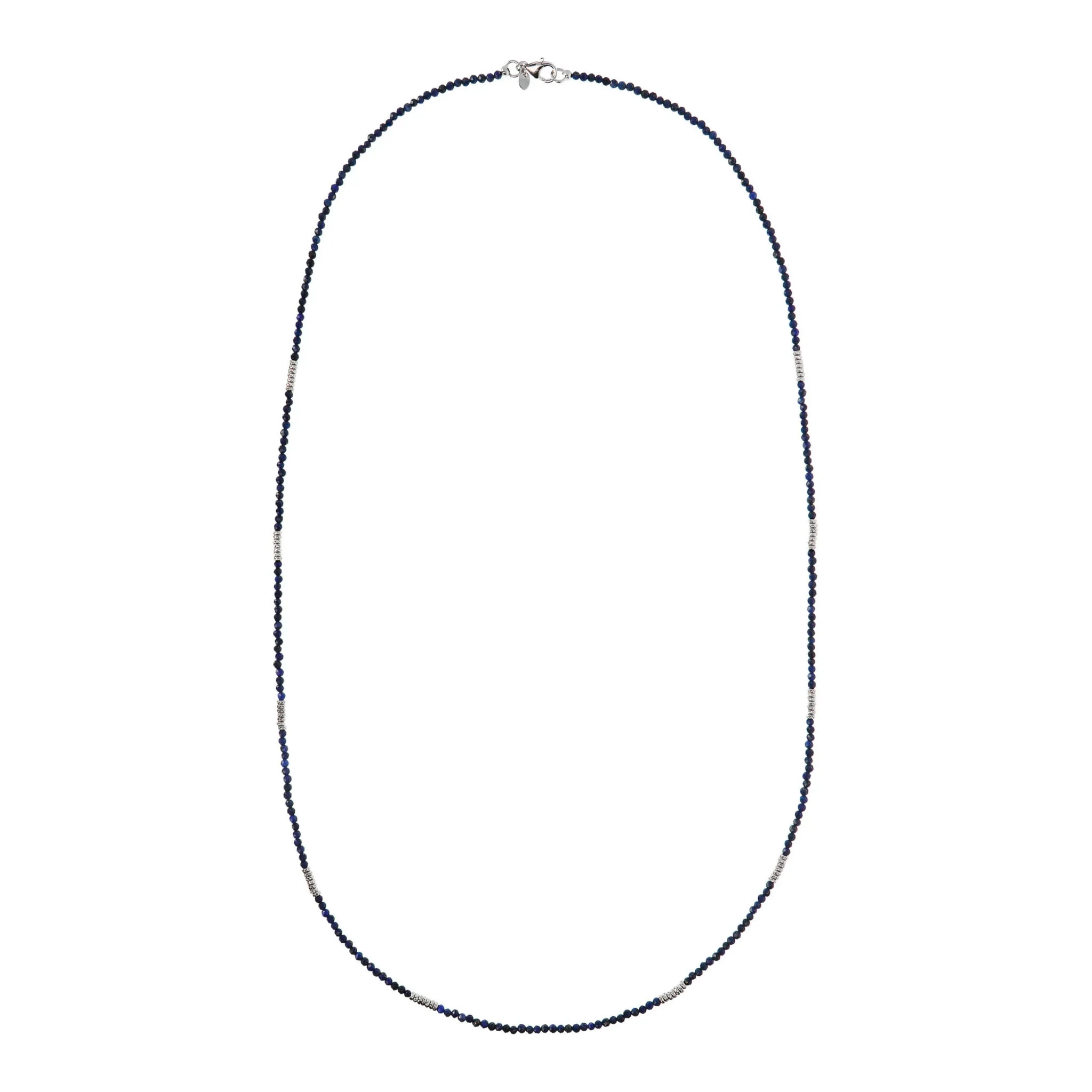 Collana Lunga in Argento 925 placcato Rodio con Rondelle Martellate e Pietra Naturale Sfaccettata Tormalina