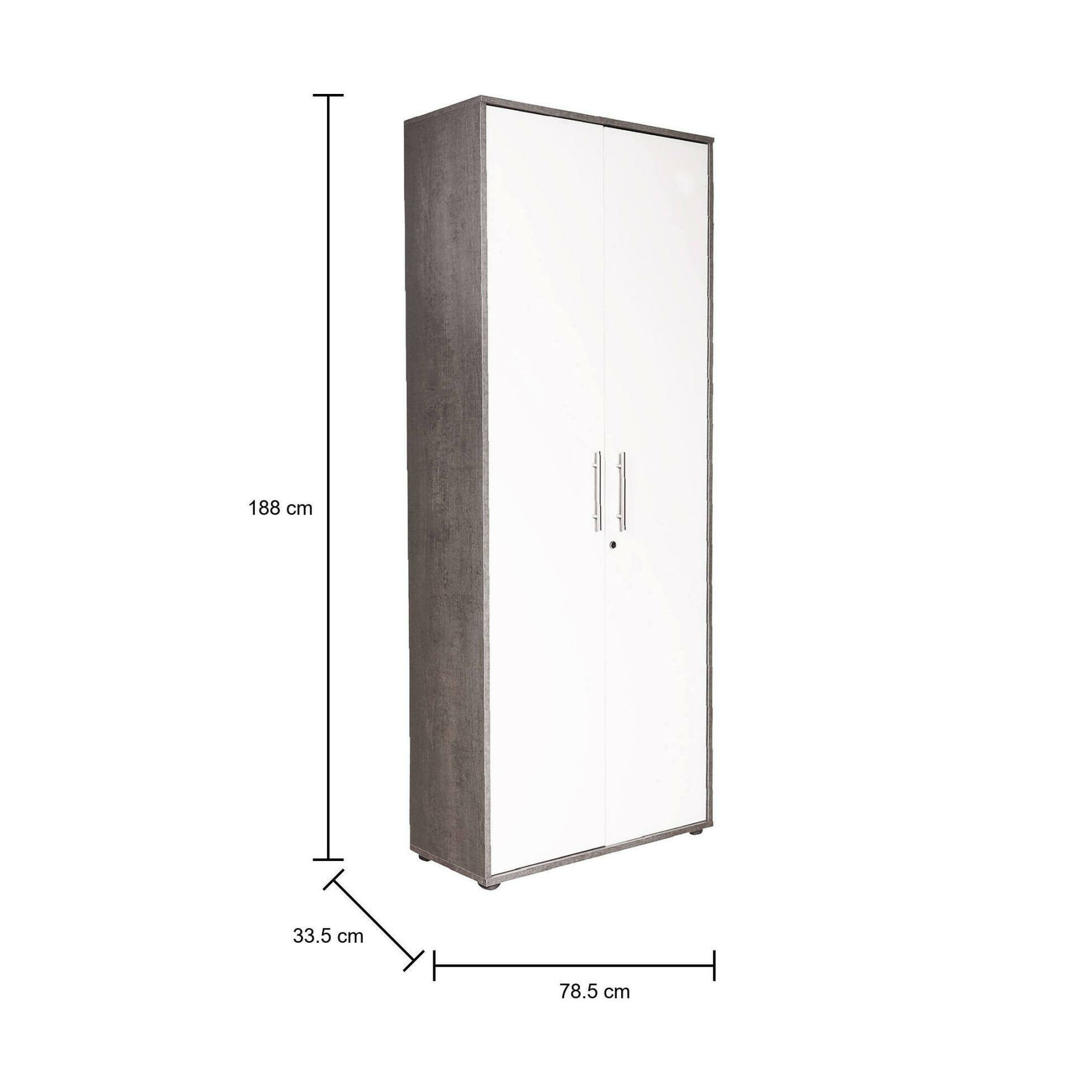 Libreria a 2 ante e 4 ripiani con serratura, scaffale per libri e documenti, Libreria portaoggetti da ufficio, cm 79x34h188, colore Bianco e Cemento