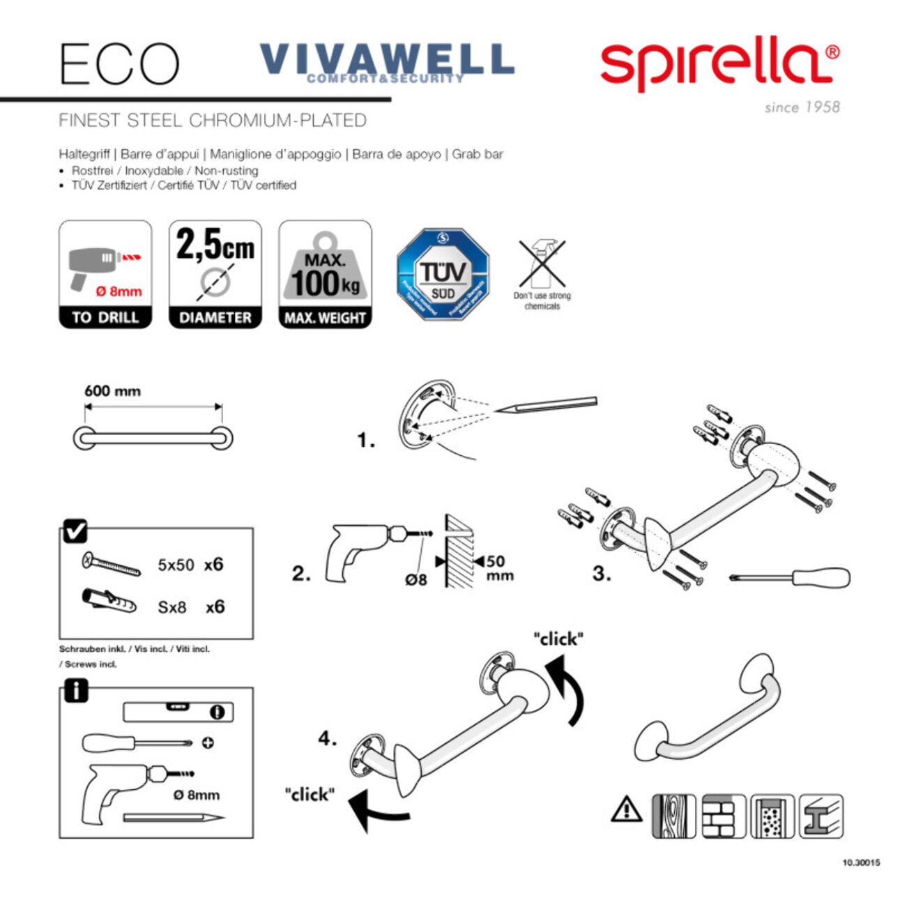 Barre de redressement ou d'appui ECO Acier Inox 60cm Chrome Spirella