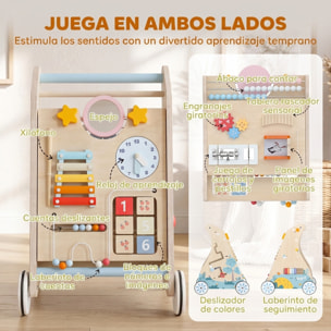 AIYAPLAY Andador Madera Bebé 3 en 1, Caminador Bebé con Juguetes Montessori, Panel Desmontable de Doble Cara, Centro de Actividades con Almacenaje, Ruedas, Niños de 1-3 Años y Altura +75 cm, Natural