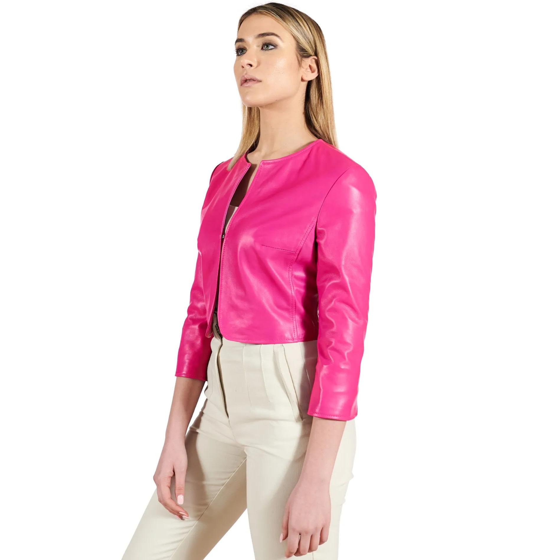 Giacca corta bolero in pelle naturale fuxia girocollo