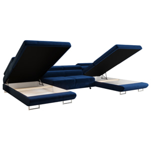 Ayden - Canapé panoramique en U 7 places convertible avec coffre et têtières réglables en tissu - Bleu