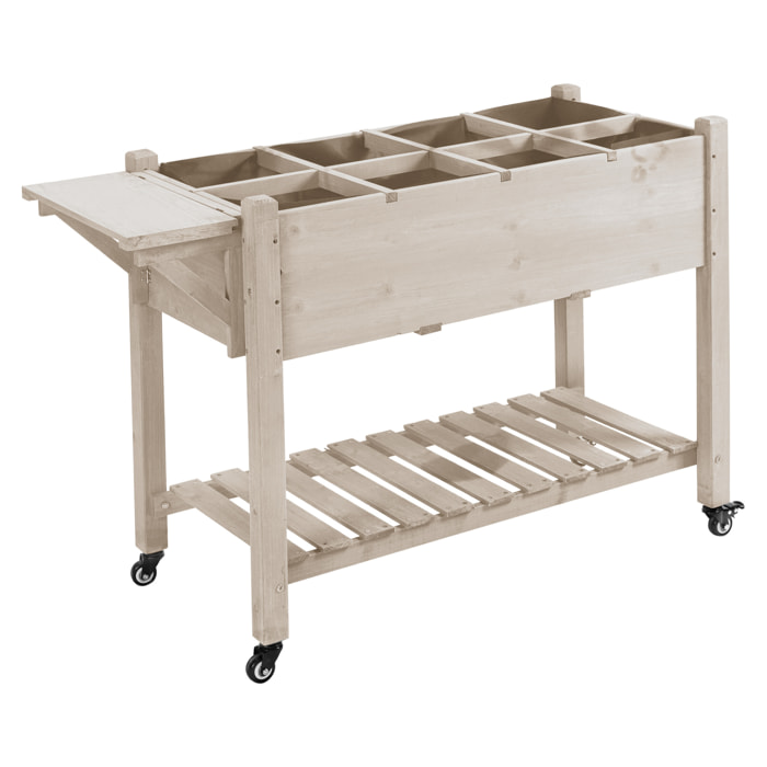 Jardinière sur pied - potager sur roulettes - étagère, tablette rabattable, inserts d'irrigation, feutre drainage - bois pré-huilé clair