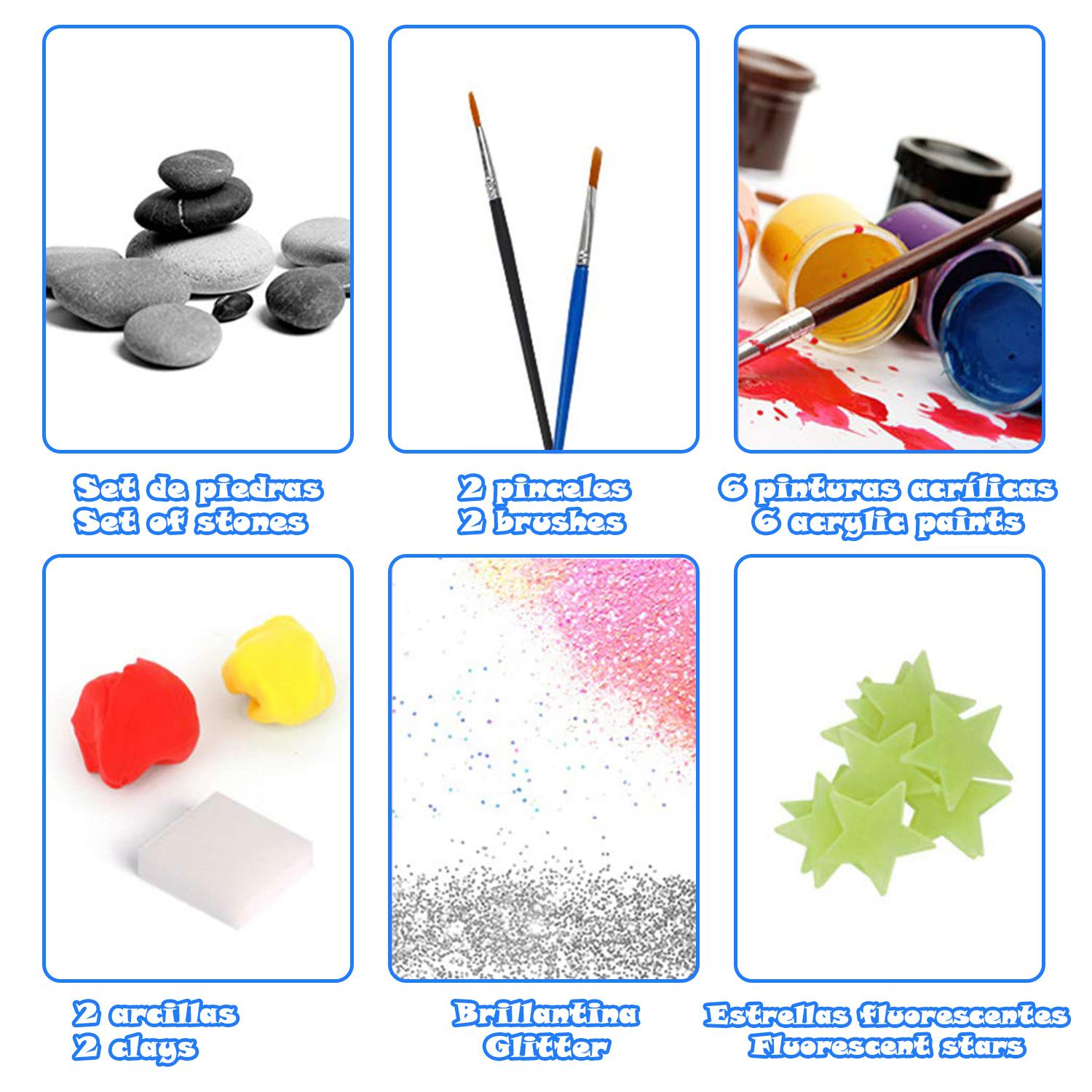 Kit creativo de pintura para piedras, con efecto de brillo en la oscuridad. Incluye pinceles, pinturas, pegatinas y polvos decorativos.