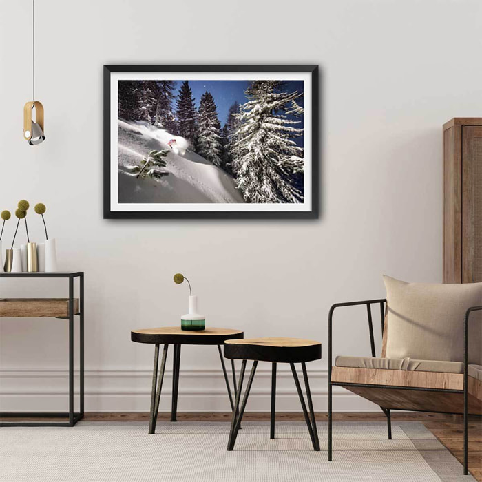 Poster freeride ski session Affiche + cadre en bois - Noir