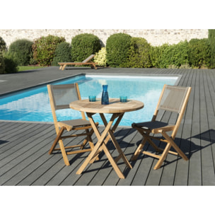 HARRIS - SALON DE JARDIN EN BOIS TECK 2 pers - Ensemble de jardin - 1 Table ronde pliante 80 cm et 2 chaises textilène taupe