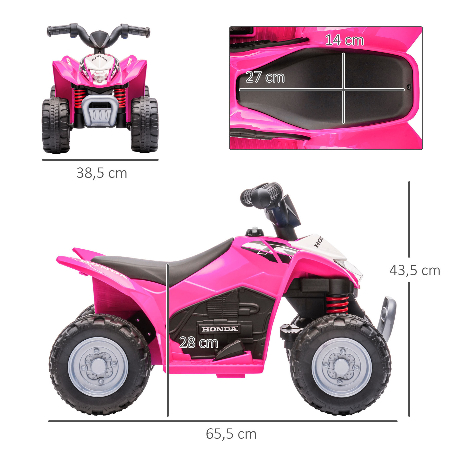 Quad Eléctrico para Niños de 18-36 Meses con Licencia HONDA Vehículo Eléctrico a Batería 6V Infantil con Faros LED Bocina Velocidad de 2,8 km/h y Avance 65,5x38,5x43,5 cm Rosa