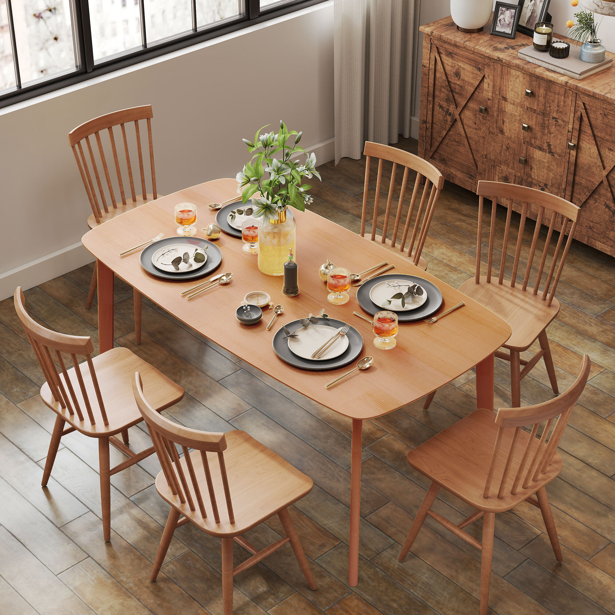 Table à manger 6 personnes dim. 150 x 80 cm bois de pin pré-huilé