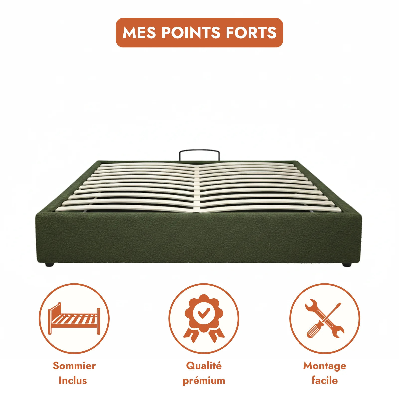 Lit coffre Futura | Ouverture électrique avec télécommande | Espace de stockage jusqu'à 900 L | Bouclette | Vert