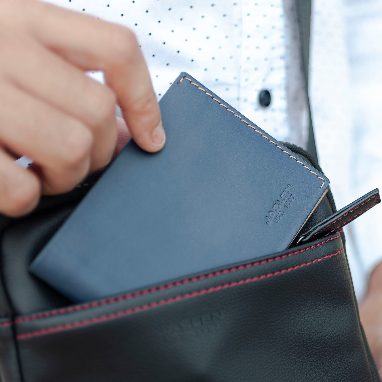 Cartera Hombre Piel Jaslen Lyon Azul Marino-Camel