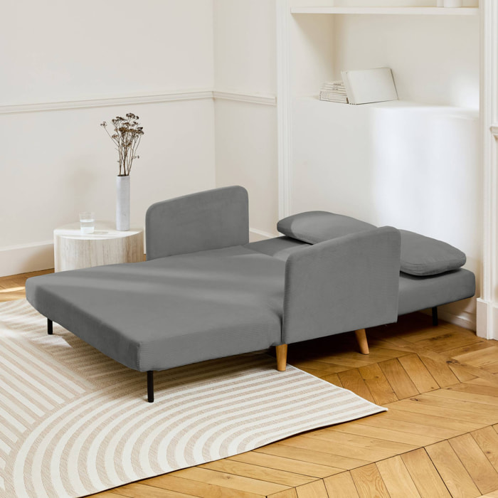 Canapé convertible 2 places scandinave velours côtelé gris clair - Panam - pieds bois. banquette. dossier inclinable