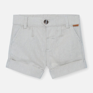 Bermudas niño, lino liso, cierre botón, color beige piedra