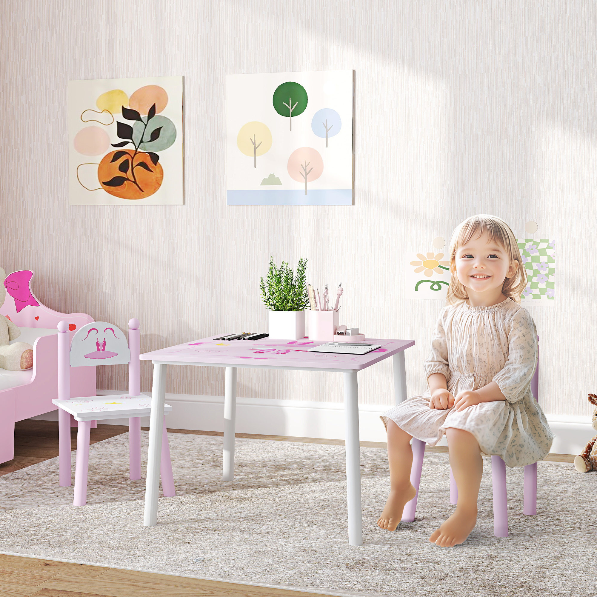 Mesa y Sillas Infantiles para Niños de 2-5 Años Mesa Infantil con Sillas de 3 Piezas Estilo Princesa para Sala de Juegos Dormitorio Guardería Rosa y Blanco