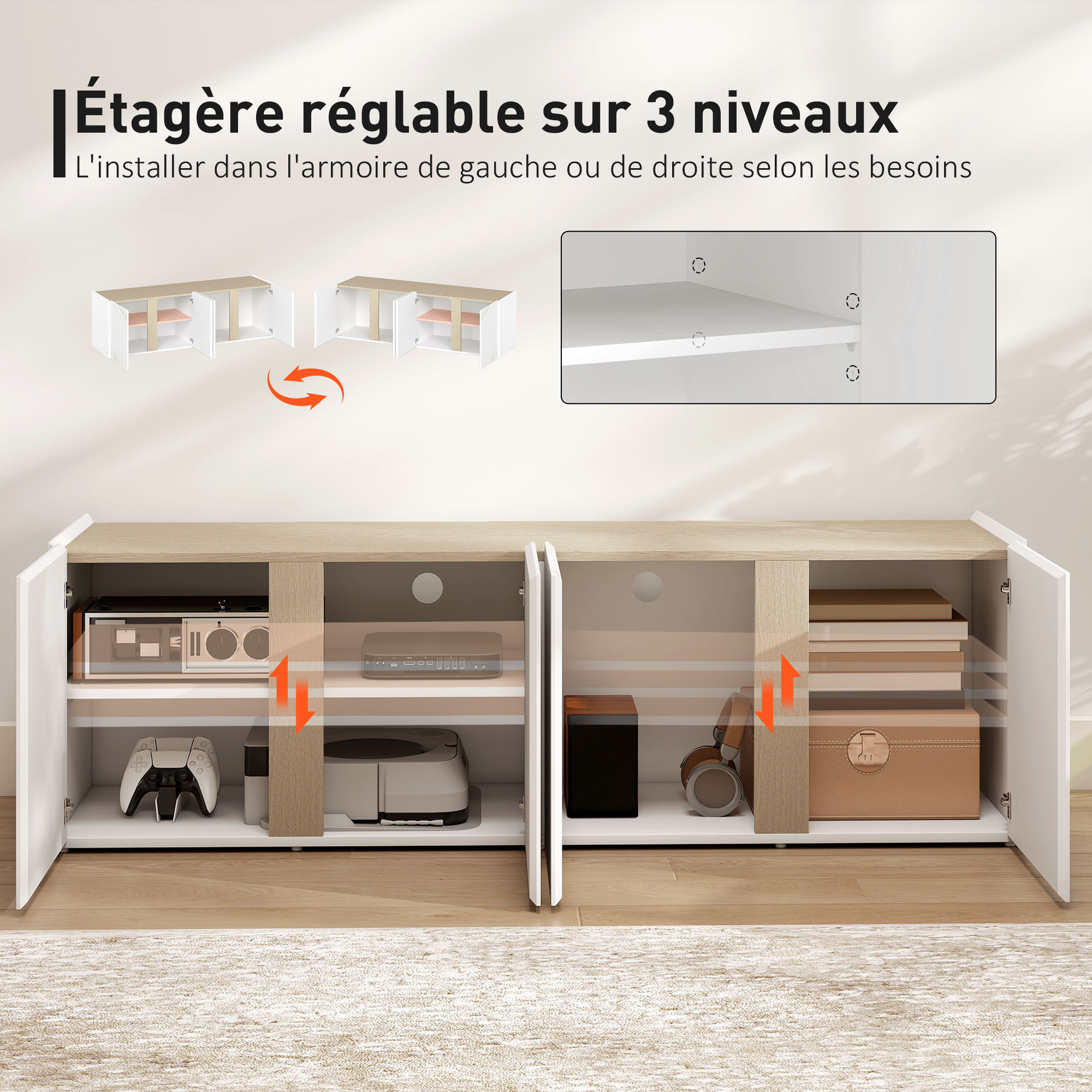 Meuble TV 135 cm, meuble télé pour téléviseur jusqu'à 65 pouces avec 4 portes à fermeture amortie, étagère réglable et passe-câbles, banc TV pour salon, chambre à coucher, blanc