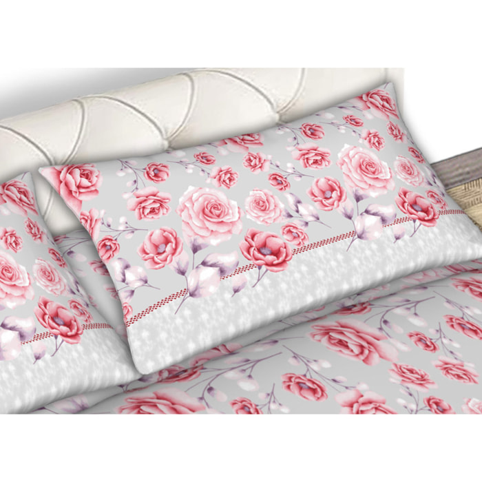 Completo Lenzuola In Flanella Rose Rosa CN Misura Letto Matrimoniale