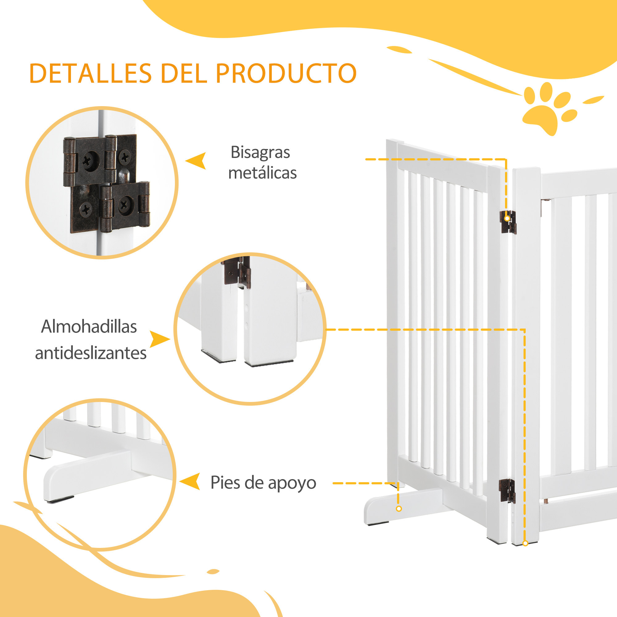 Barrera para Perros de Madera Valla para Mascotas Plegable de 3 Paneles con 1 Puerta y Patas de Apoyo para Pasillo Escalera 155x35,5x76 cm Blanco