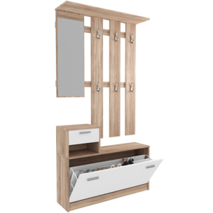 Mobile Belem Mobiletto da Ingresso con Scarpiera Appendiabiti e Specchio Arredo Arredamento Corridoio Entratina 97 x 35 x 25 cm (Bianco e Quercia)