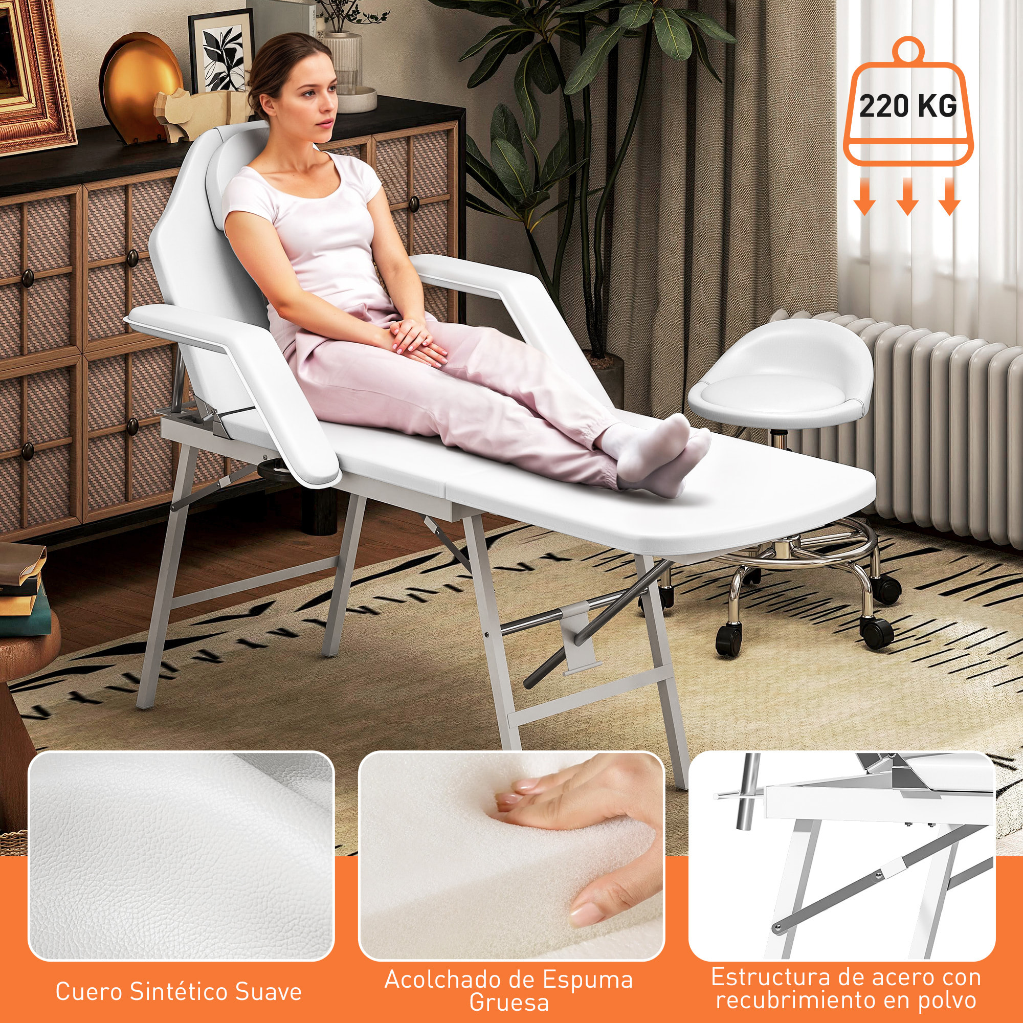 Camilla Masaje Plegable Portátil Camilla Estética Profesional de 3 Zonas con Respaldo Soporte para Piernas Ajustables Reposacabezas Extraíble Reposabrazos Acolchados para Spa 182x82 cm Blanco