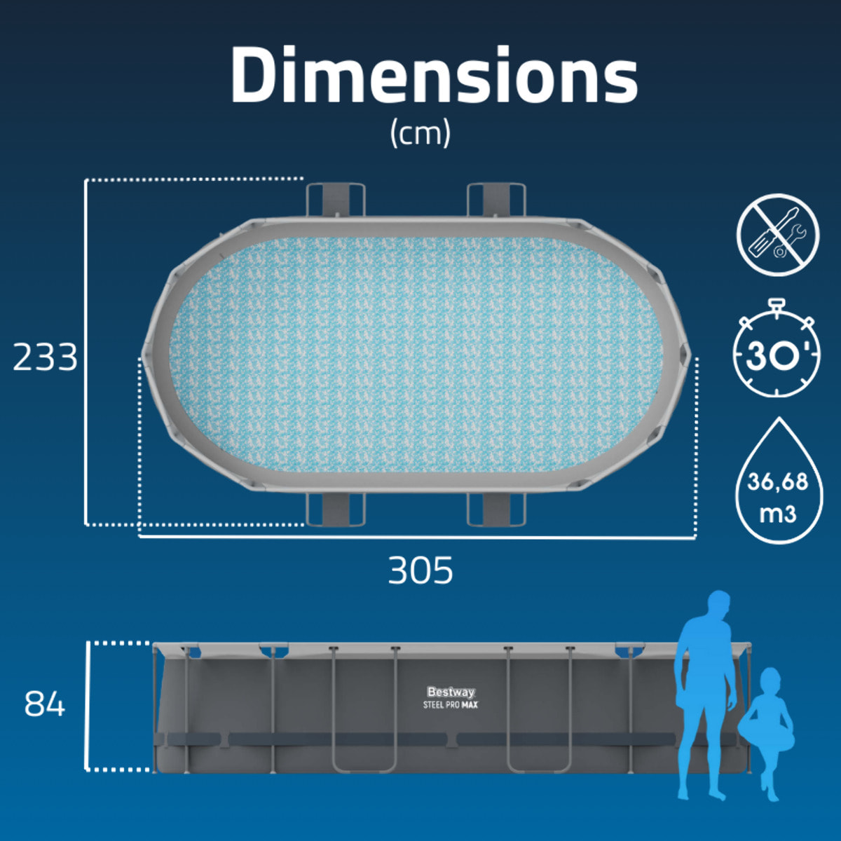 Bestway Piscine tubulaire - Rectangulaire - Steel Pro Max - 305 x 200 x 84 cm - Sans accessoires