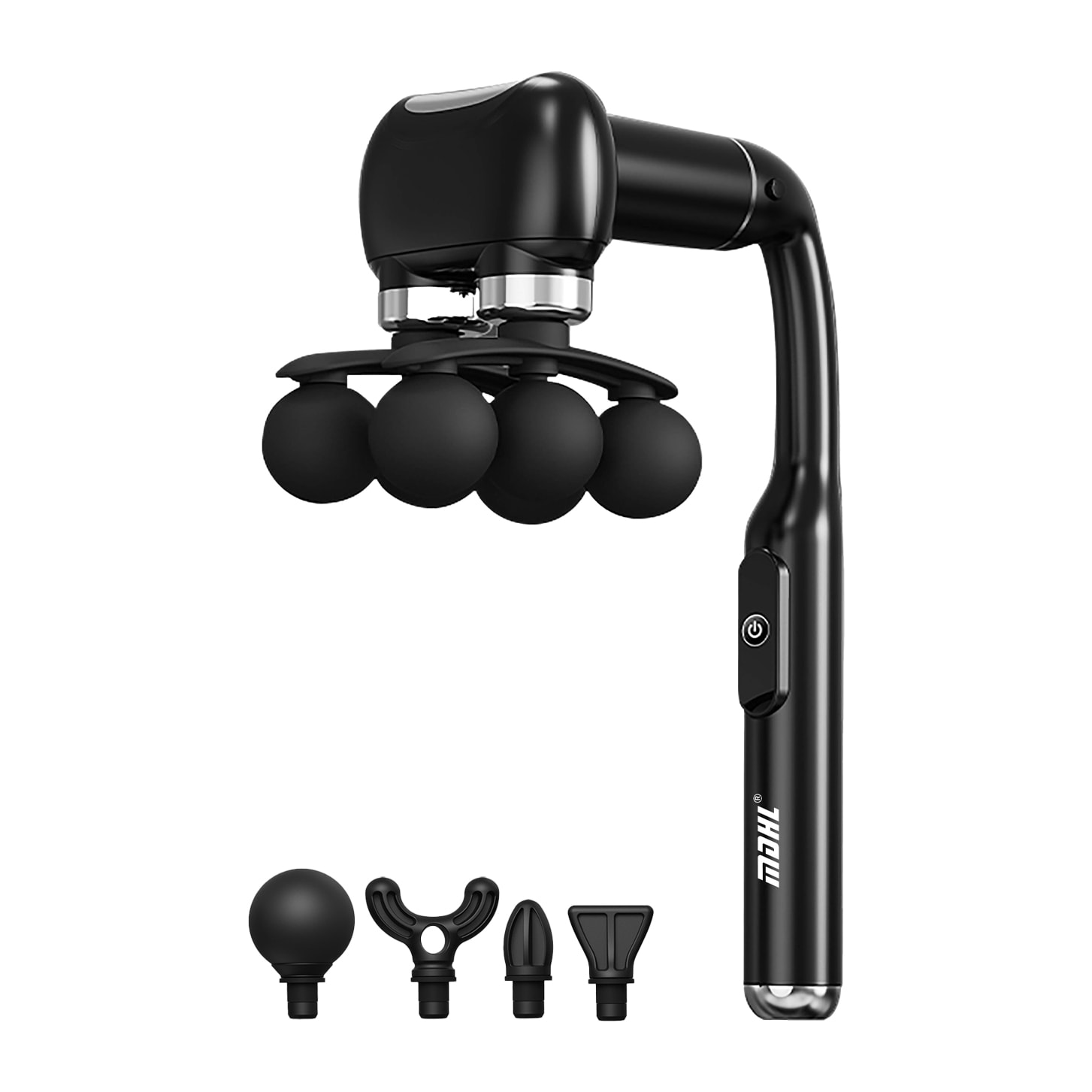 Pistola de masaje fascia MD-XY-15 con 6 velocidades, batería de 1800 mAh. Incluye 10 cabezales intercambiables y mango alargador.