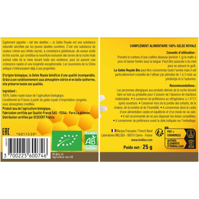 NUTRI EXPERT - Gelée Royale Bio Ecocert - 100% pure - Conditionnée en boîte isotherme sous atmosphère stérile - Renforce l'immunité - Réduit la fatigue - Lot de 2 produits