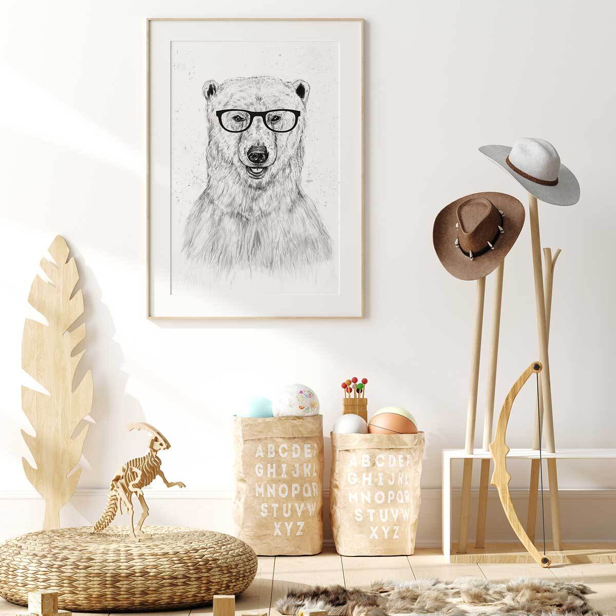 Affiche enfant ours etudiant  Affiche sous cadre bois