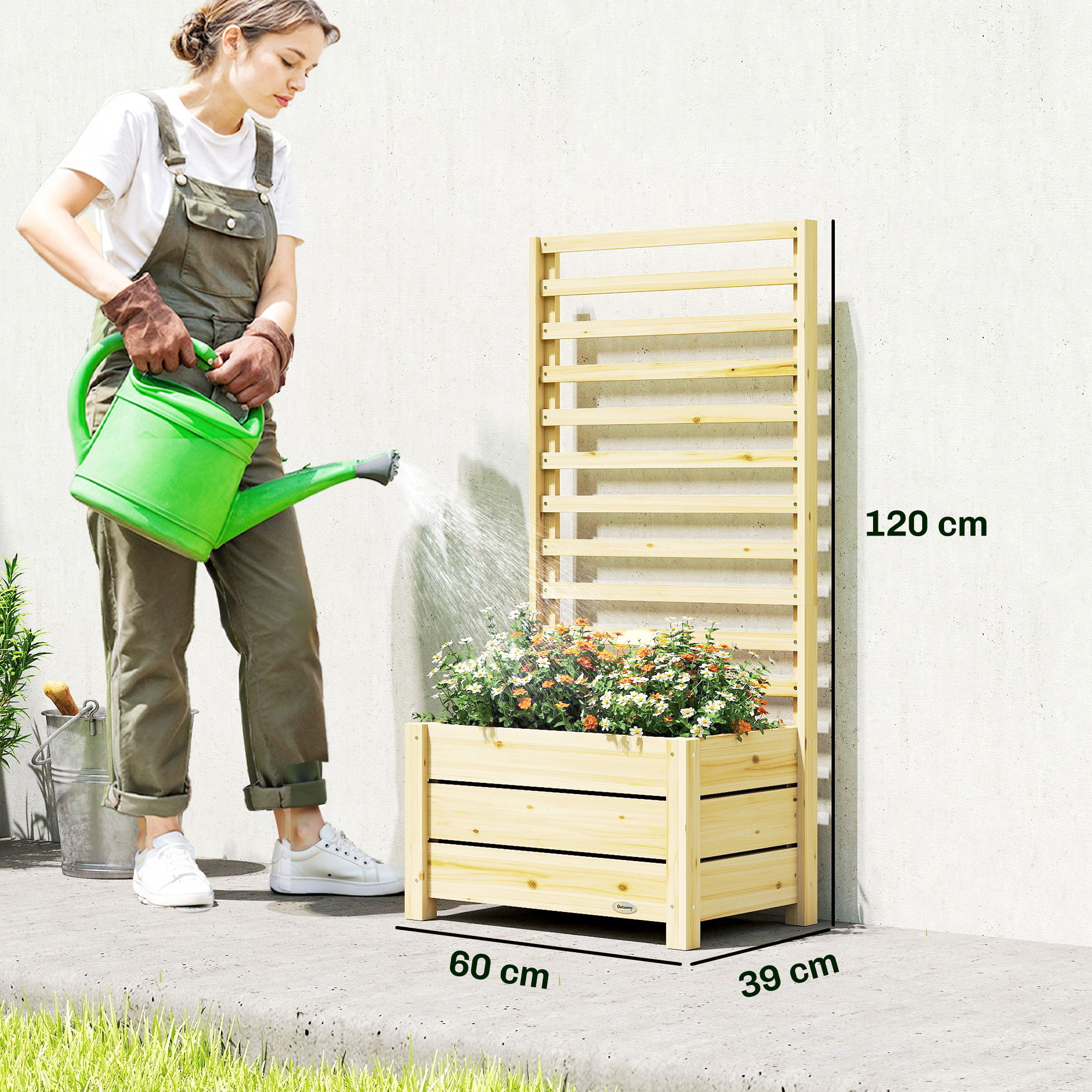 Jardinière avec treillis pour plantes grimpantes bois pin clair