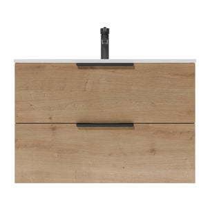 Meuble de Salle de Bains 60cm Suspendu Decor Bois Clair 2 Tiroirs - Vasque Blanche - ELEMENTARY