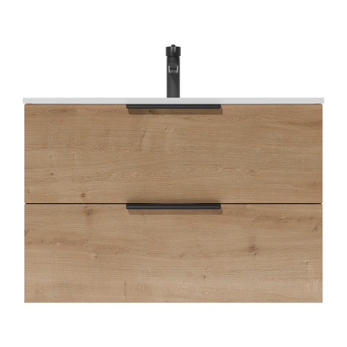 Meuble de Salle de Bains 60cm Suspendu Decor Bois Clair 2 Tiroirs - Vasque Blanche - ELEMENTARY