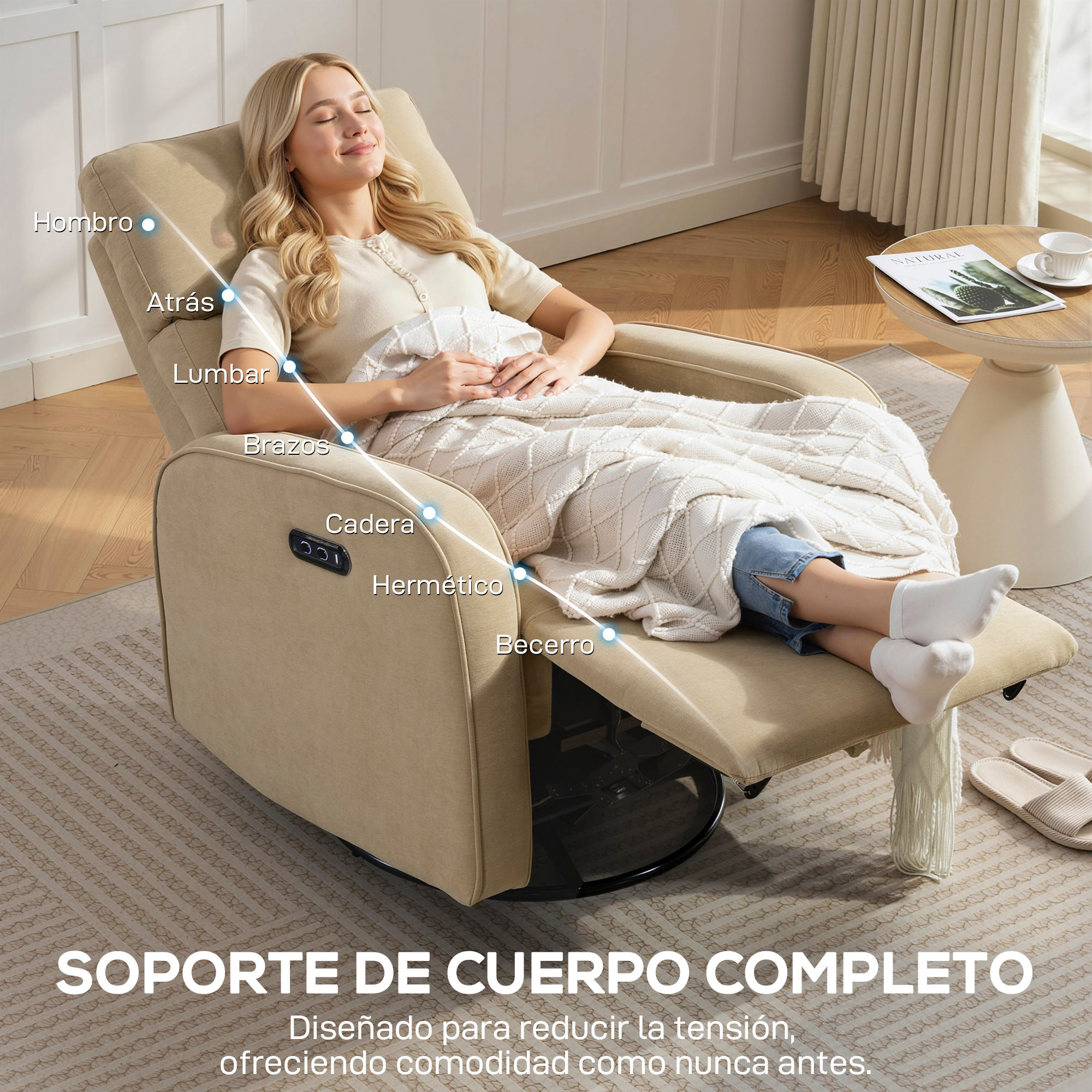 Sillón Relax Reclinable Eléctrico con Doble Motor, Sillón Reclinable de Chenilla Giratorio y Balancín con Reposacabezas Ajustable, Puertos USB y USB-C, Reposapiés, Botones Iluminados, Beige