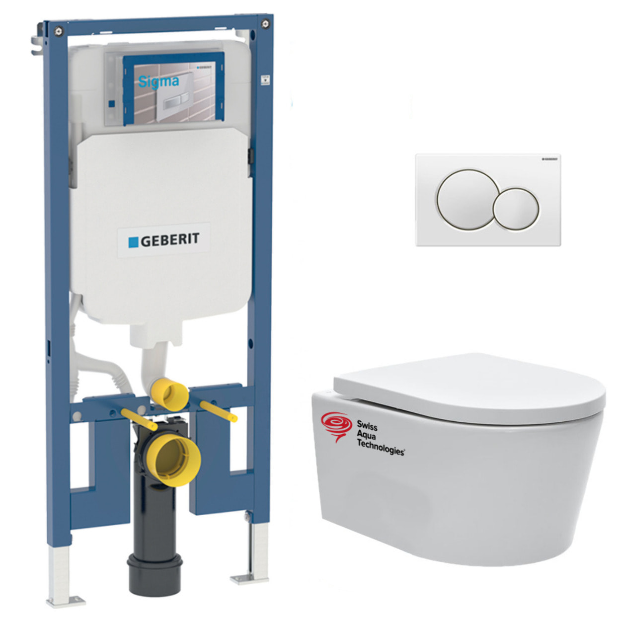 Pack WC bati-support Geberit + WC Swiss Aqua Technologies sans bride + abattant + plaque (SLIM-SATRIMLESS-B)