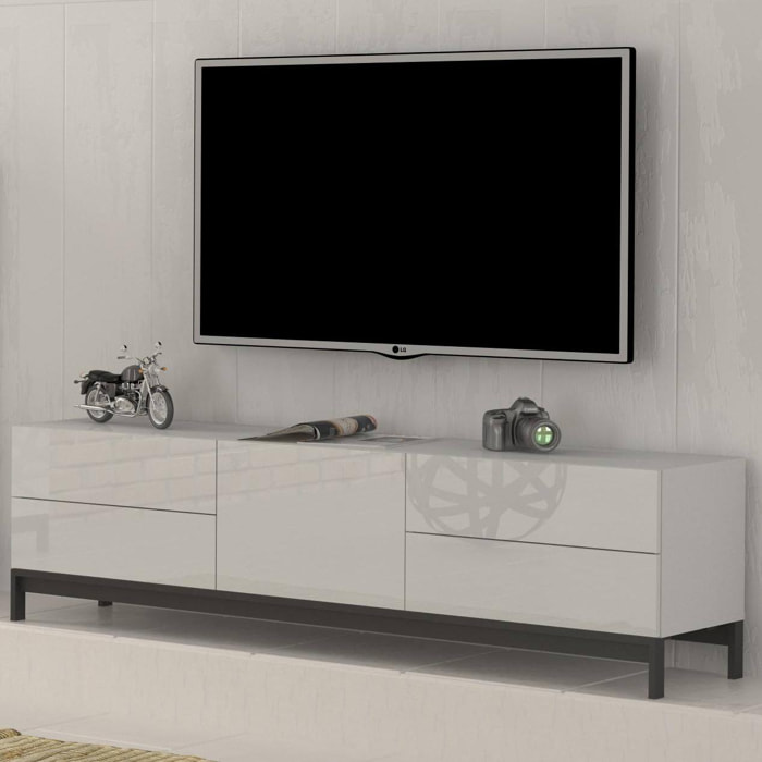 Mobile da soggiorno Porta TV, Made in Italy, Supporto per TV da salotto rialzato con 1 anta e 4 cassetti, cm 170x40h47, colore Bianco lucido