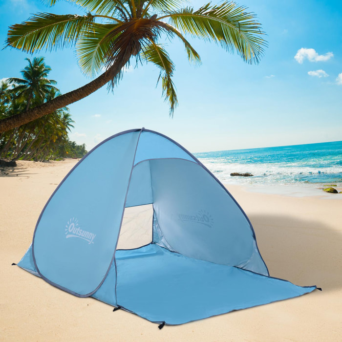 Abri de plage tente de plage pliable pop-up automatique instantané protection UV fenêtre arrière grand tapis de sol bleu ciel