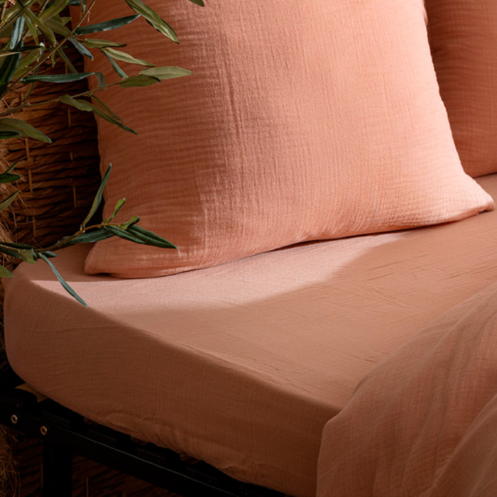 Drap housse "Flora" gaze de coton rose 140x190cm