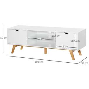 Meuble TV bas sur pied style scandinave 2 portes 2 niches passe-fils panneaux particules MDF blanc bois massif hévéa