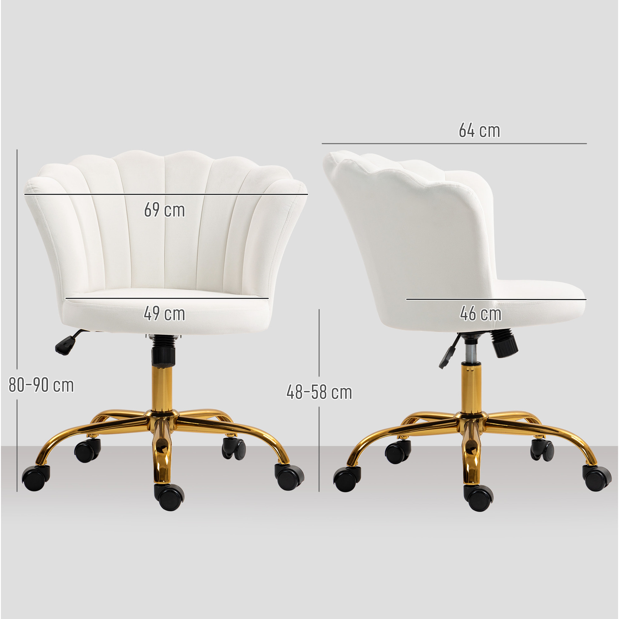 Chaise bureau velours design coquillage piètement acier doré blanc