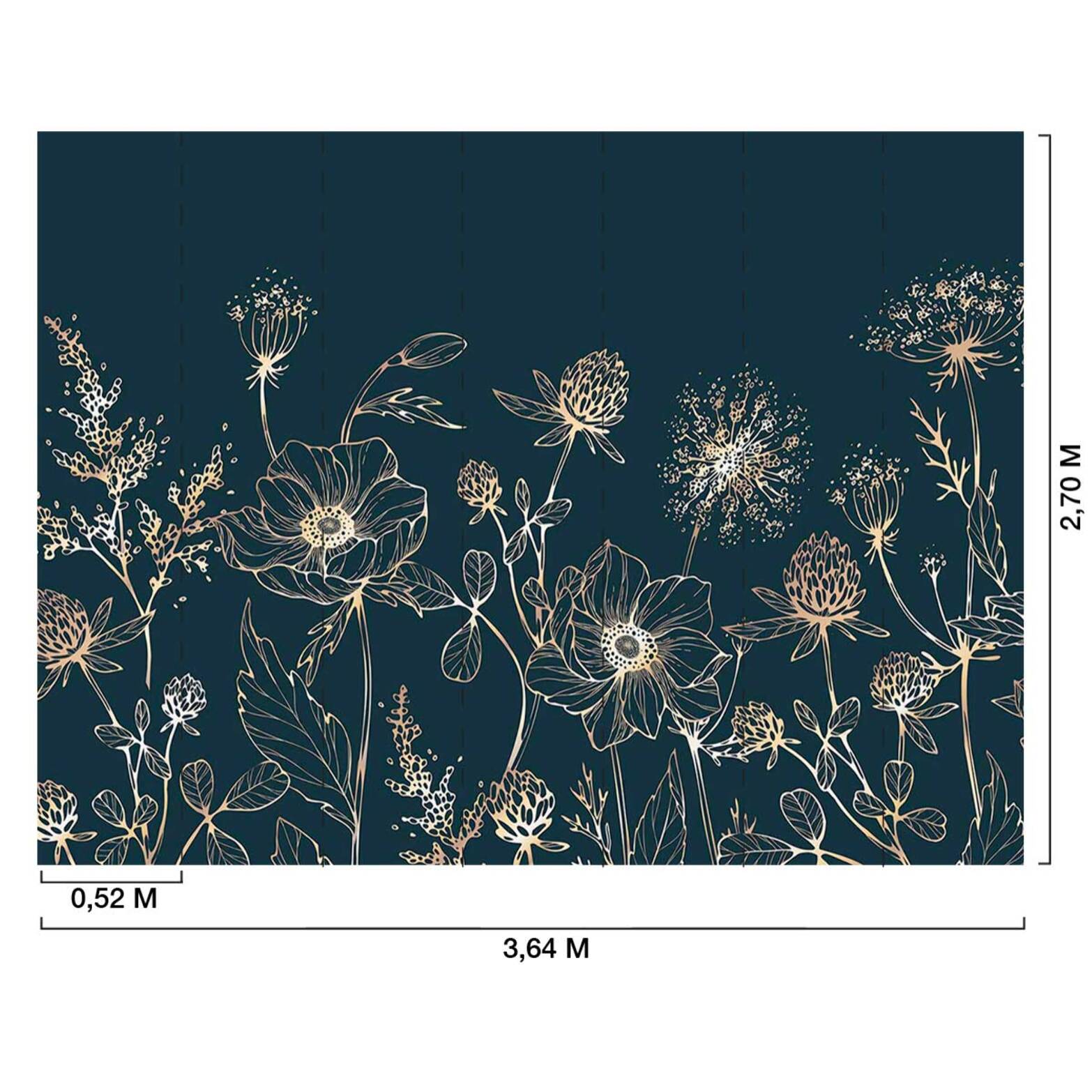 Papier peint fleurs sauvages dorées fond bleu nuit élégant Intissé