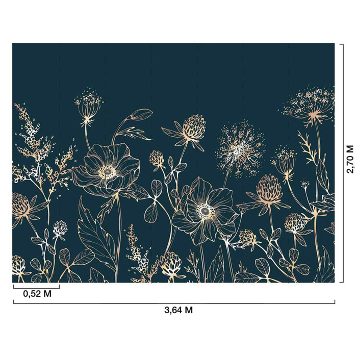 Papier peint fleurs sauvages dorées fond bleu nuit élégant Intissé