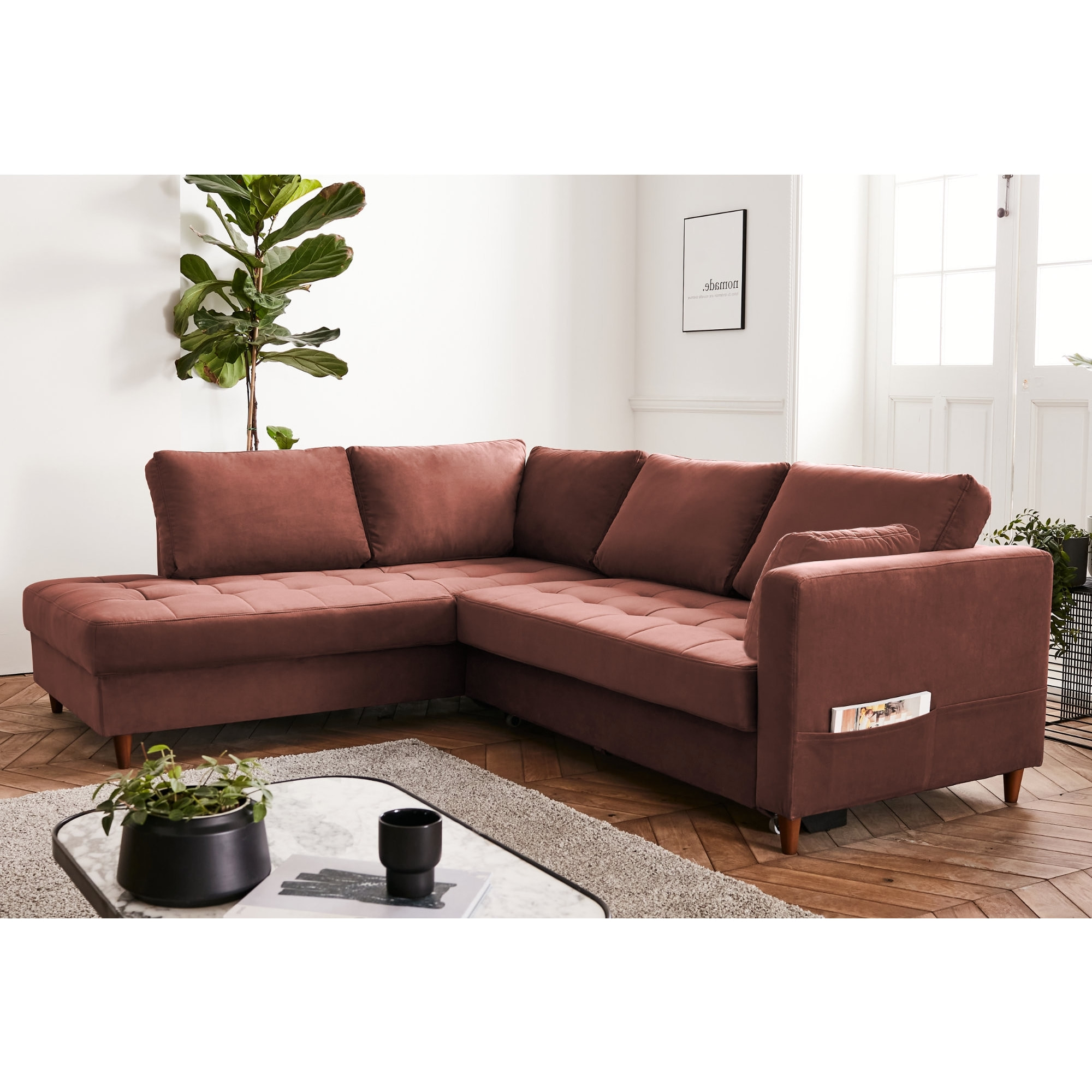 Anna - canapé d'angle gauche - 5 places - convertible - en velours - Rose