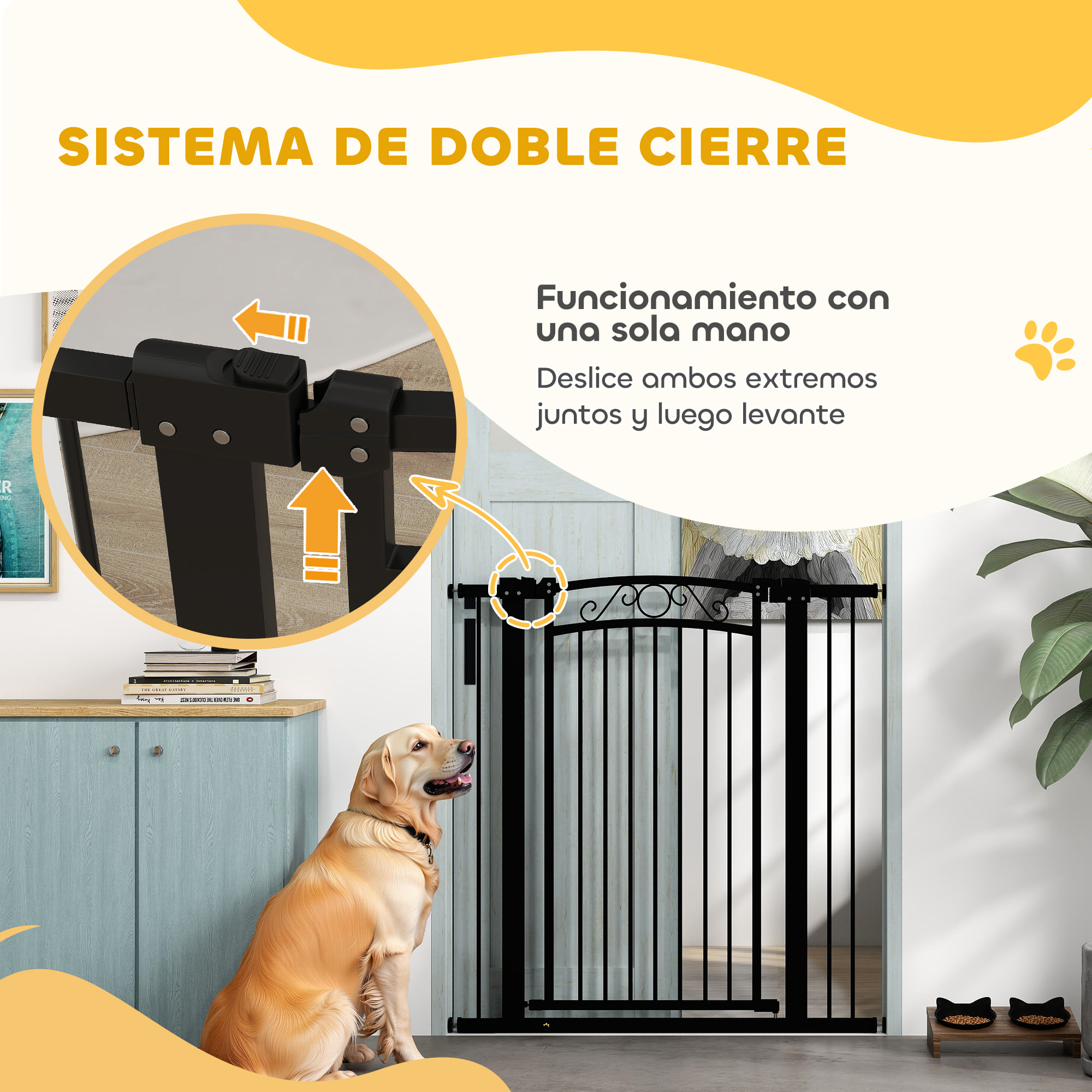 Barrera para Perros Puerta para Perros con Ancho Ajustable 76-104 cm Barrera de Seguridad para Perros con 2 Extensiones y Doble Bloqueo para Escaleras y Puertas Negro