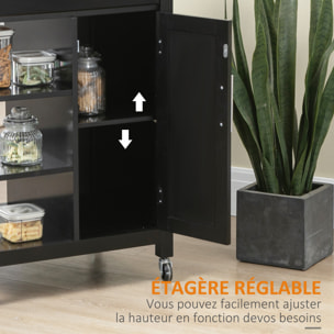 Desserte de cuisine style contemporain - porte, tiroir, 3 étagères - poignées métal MDF noir plateau bois hévéa