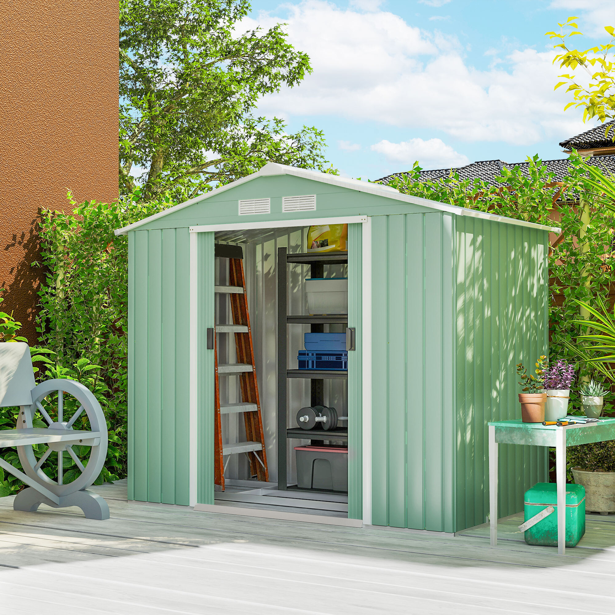 Caseta de Jardín Exterior, 2,5 m² 213x130x185 cm, Cobertizo de Jardín Exterior Metálico con 2 Puertas Correderas, Base Refuerzo (Suelo NO Incluido) y 4 Ventanas Verde Claro