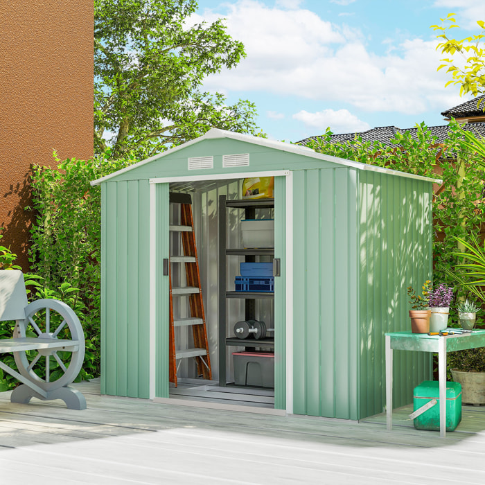 Caseta de Jardín Exterior, 2,5 m² 213x130x185 cm, Cobertizo de Jardín Exterior Metálico con 2 Puertas Correderas, Base Refuerzo (Suelo NO Incluido) y 4 Ventanas Verde Claro