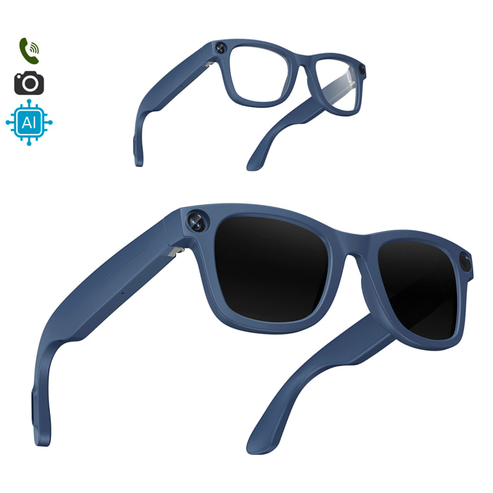 Gafas inteligentes E3. Con cámara de 8MPX, vídeos en 1080p, traductor AI en tiempo real y control de música/llamadas. Con lentes oscuras y transparentes.