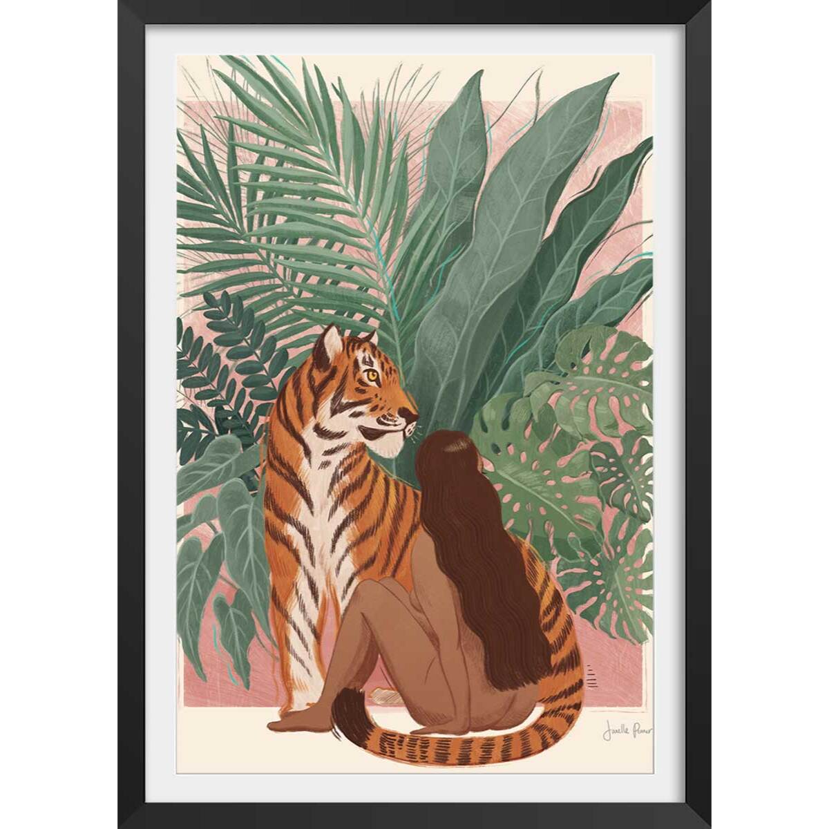 Poster jungle woman Affiche + cadre en bois - Noir