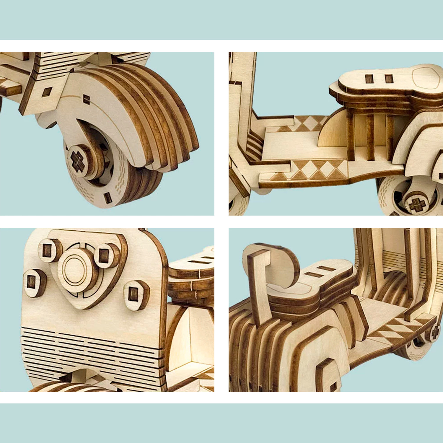 Maqueta de Madera 3D, con movimiento mecánico diseño de Motocicleta Antigua. 69 piezas.